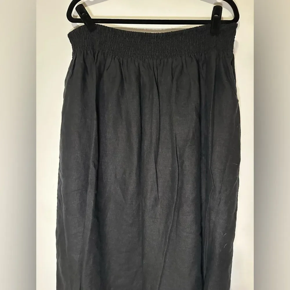 Chico’s Linen Pull On Embroidered Maxi Skirt Black Sz 8 Scallop Hem Side Pockets